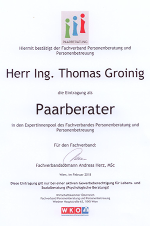 Thomas Groinig - Zertifizierung zur Paarberatung durch die WKO